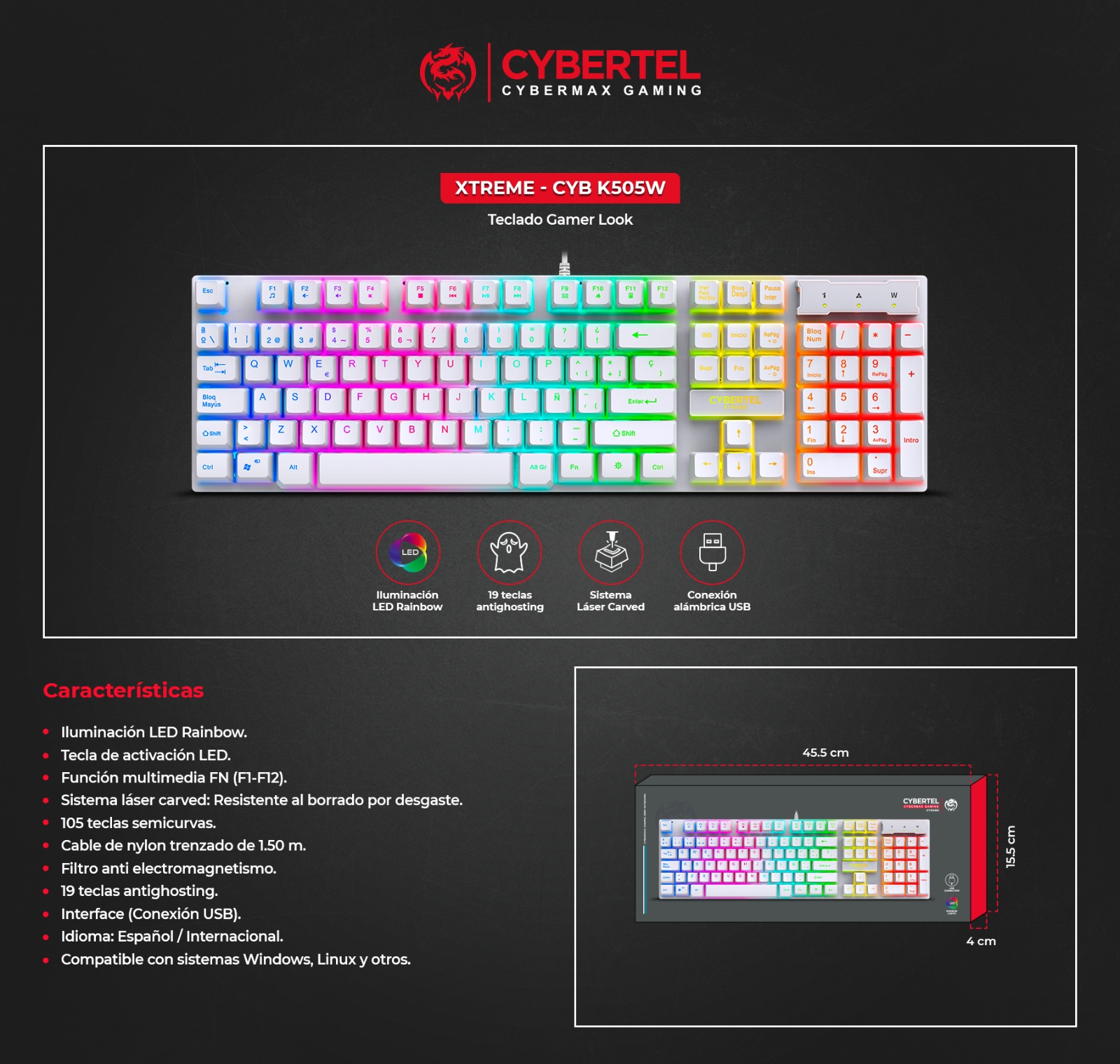 TECLADO GAMER XTREME CYB K505W - CYBERTEL